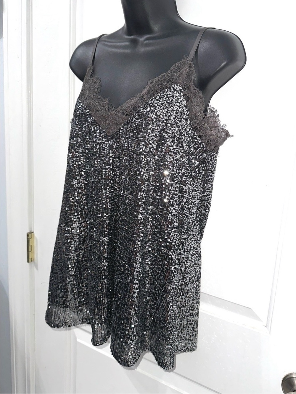 White Birch Grey Sequined Tank top with lace trim, size small - Picture 2 of 5